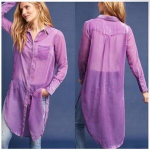 Anthropologie Akemi Kin Purple Velvet Sheer Longline Button Front Top